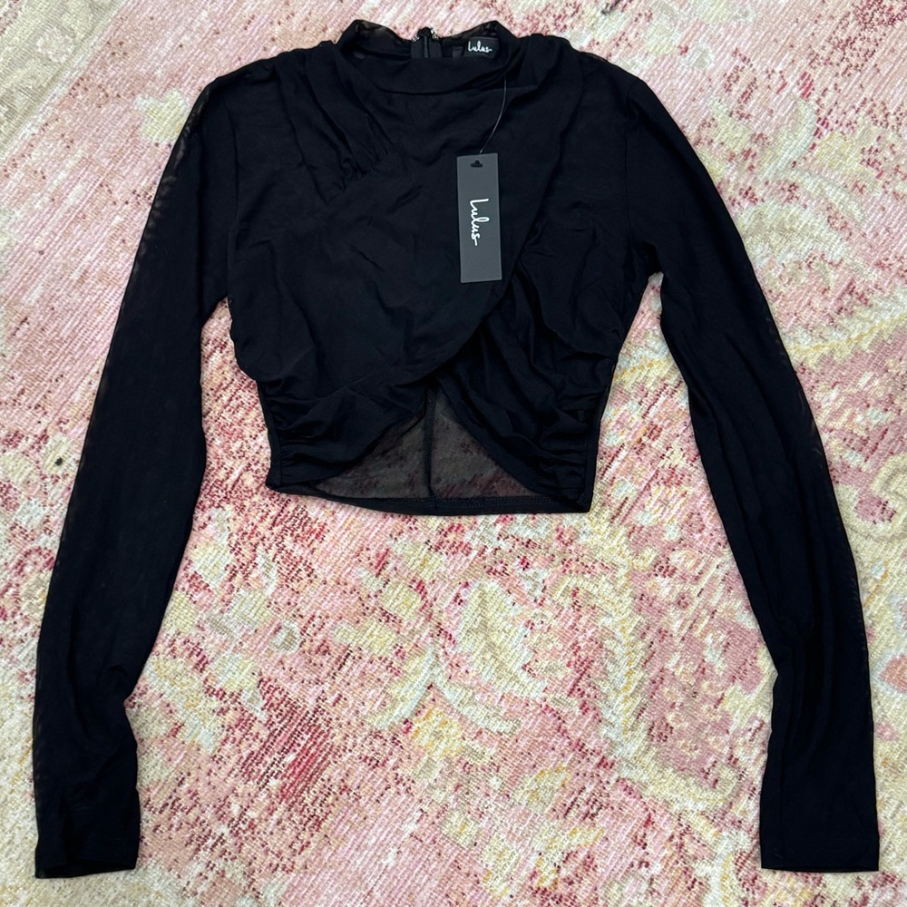 Lulus Season of Sultry Black Mesh Cross-Front Long Sleeve Crop Top - DEFECTIVE